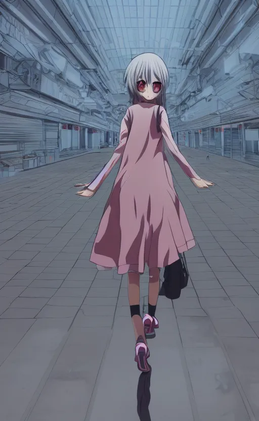 Prompt: a detailed anime girl walking towards the camera, extreme three point perspective, beautiful anime scene, professional digital art, 4k ultra