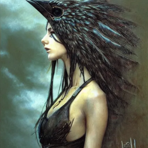 Prompt: young teen female with crow head , painting by Luis Royo
