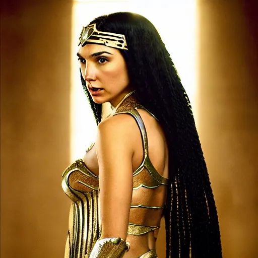 Prompt: ! dream photographic medium shot of a gal gadot as cleopatra the magestic antique egyptian queen, gold tiara, long - length braided black hairs, beautiful natural backlight, by annie leibowitz