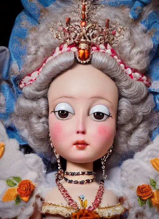 Image similar to closeup profile portrait of tin toy marie antoinette wearing a crown, bikini, depth of field, zeiss lens, detailed, symmetrical, centered, fashion photoshoot, by nicoletta ceccoli, mark ryden, lostfish, breathtaking, 8 k resolution, extremely detailed, beautiful, establishing shot, artistic, hyperrealistic, octane render