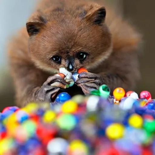 Image similar to a miserable little creature eating a bowl of marbles