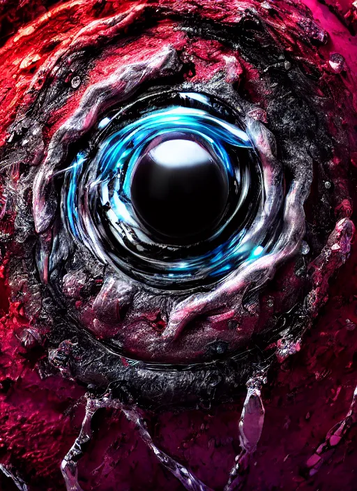 Prompt: macro photography of an isolated melting eyeball made of a translucent, semi-transparent, and crystalline material with blood fibers, nerves and muscles, black background, unreal engine, octane render, 8K, extreme detail resolution, trending on ArtStation