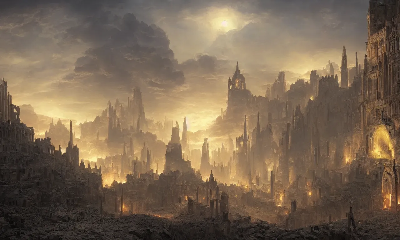 Prompt: glistering embers in the ashen remains of the capital city, artwork by Raphael Lacoste and Ted Nasmith, 8k resolution, trending on art station