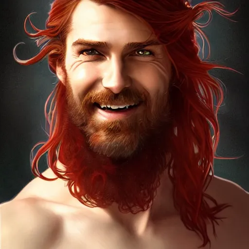 Image similar to portrait of a young ruggedly handsome but joyful pirate, male, masculine, upper body, red crimson hair, long flowing hair, fantasy, cheeky smirk, intricate, elegant, highly detailed, digital painting, artstation, concept art, matte, sharp focus, illustration, art by artgerm and greg rutkowski and alphonse mucha