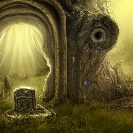 Prompt: an ancient, eldritch, and godlike garfield crying at a overgrown and abandoned grave trending on artstation deviantart pinterest photorealistic hd 8 k highlights and shadow detailed high resolution