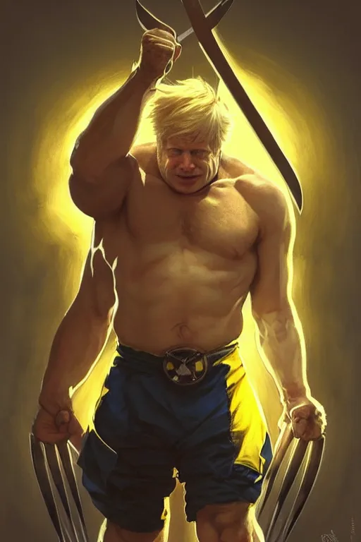 Image similar to Boris Johnson as calm but serious Wolverine, shining claws, yellow X-man costume, portrait, masculine figure, highly detailed, digital painting, artstation, concept art, smooth, sharp focus, illustration, cinematic lighting, art by artgerm and greg rutkowski and alphonse mucha