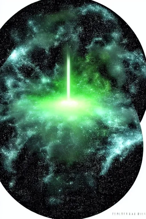 Image similar to a hyper realistic black sphere surrounded by green lightning and mist in the middle of the galaxy