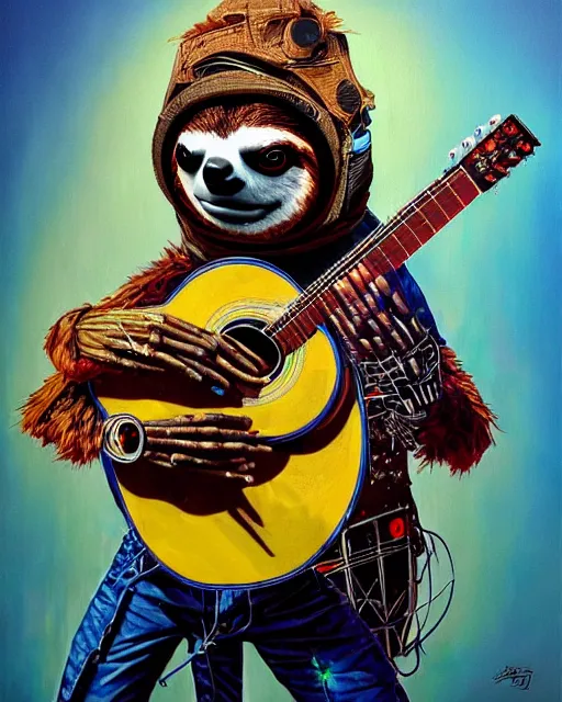 Prompt: a portrait of an anthropomorphic cyberpunk sloth strumming a 1 2 string acoustic guitar by sandra chevrier, by jon foster, detailed render, tape deck, epic composition, cybernetics, 4 k realistic, cryengine, realistic shaded lighting, sharp focus, masterpiece, by enki bilal