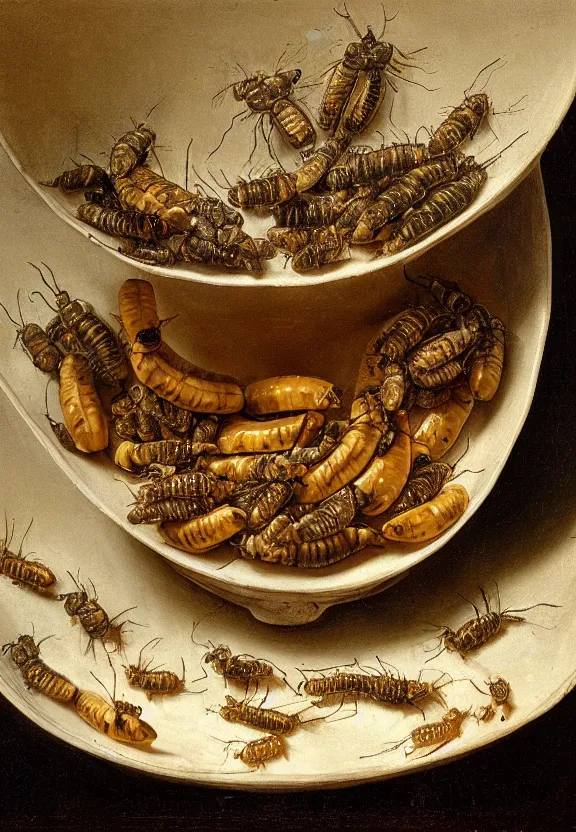 Prompt: a china bowl filled with insect larvae, there are larvae and nymphs everywhere, bananas, detailed and intricate environment, hyperrealism, food photography, rembrandt