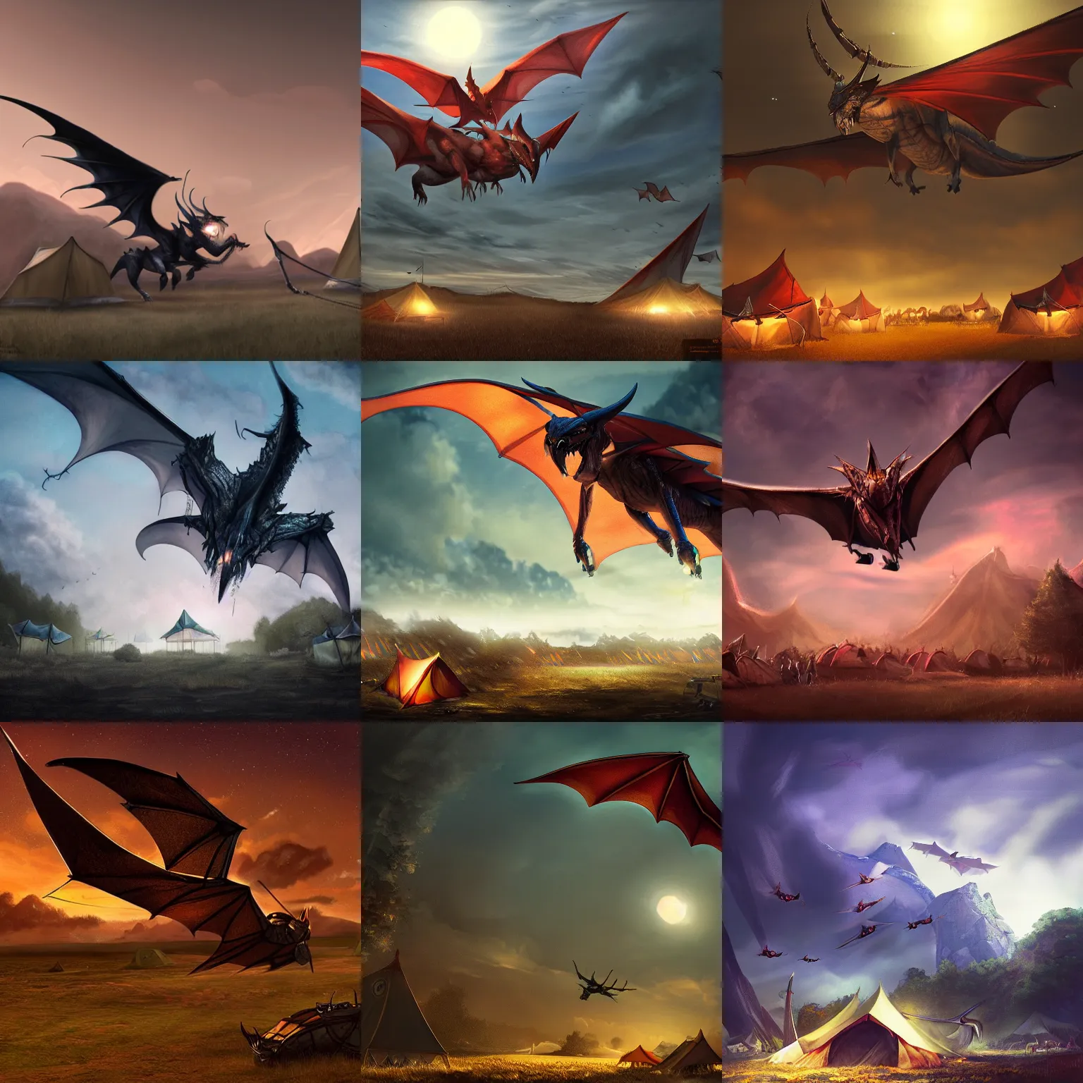 Prompt: a wyvern flying low over tents on a plain, at night, fantasy art, artstation, dnd, dramatic lighting, concept art, 4 k, hyper realistic