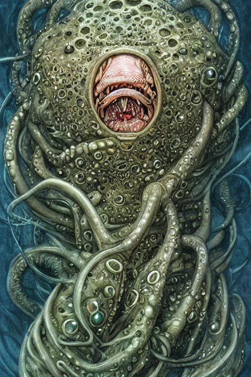 Image similar to eldritch biomechanical axolotl tentacle fish shoggoth, mouths, eyes, masterpiece, intricate, elegant, highly detailed, digital painting, smooth, sharp focus, illustration, art by james gurney, graeme base, brian froud, alan lee