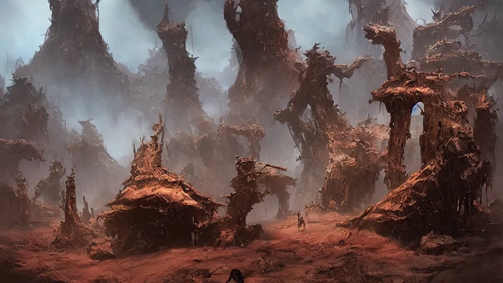 Image similar to eerie atmospheric alien worlds by john schoenherr and glenn barr, epic cinematic matte painting