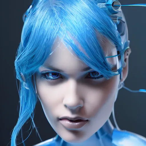 Image similar to a beautiful woman with blue hair wearing robot suit with wires and light, highly detailed, photorealistic, artstation, smooth