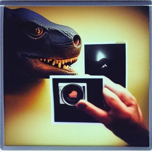 Image similar to polaroid photo of a t - rex 🦖 taking a polaroid photo of a cat