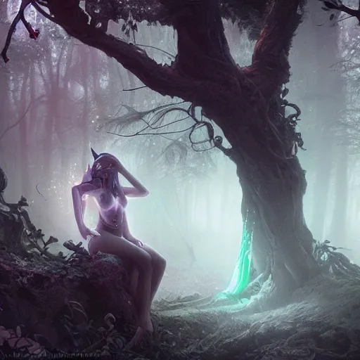 Prompt: a close - up of a succubus in a bioluminescent ancient dark forest, greg rutkowski, 8 k, shallow depth of field, intricate detail, concept art,