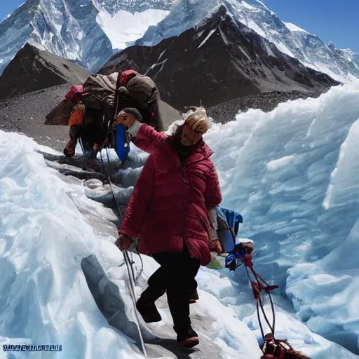 Image similar to blonde lady pushing obese indian woman in a wheelchair up mount everest, greg rutkowski