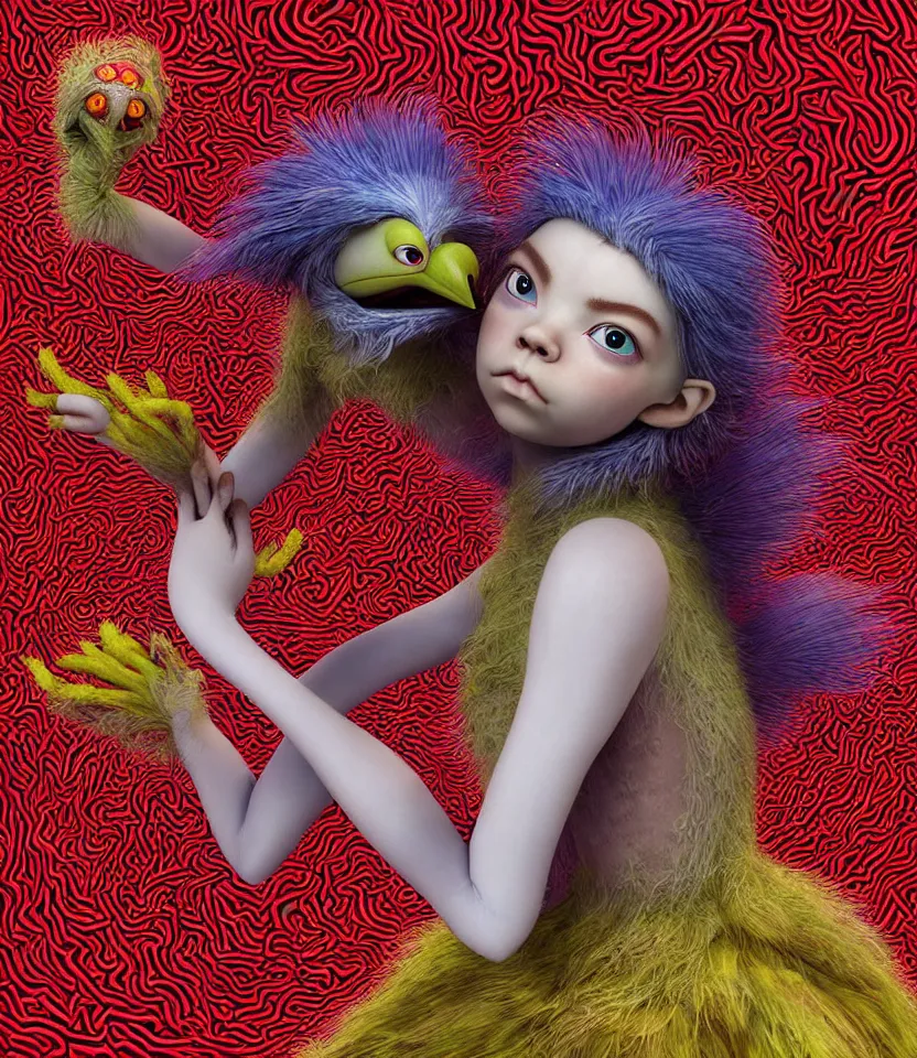 Image similar to hyper detailed 3d render like a Oil painting - kawaii portrait of lovers hugging Aurora (a beautiful girl skeksis muppet fae princess protective playful expressive acrobatic from dark crystal that looks like Anya Taylor-Joy) seen red carpet photoshoot in UVIVF posing in scaly dress to Eat of the Strangling network of yellowcake aerochrome and milky Fruit and His delicate Hands hold of gossamer polyp blossoms bring iridescent fungal flowers whose spores black the foolish stars by Jacek Yerka, Ilya Kuvshinov, Mariusz Lewandowski, Houdini algorithmic generative render, golen ratio, Abstract brush strokes, Masterpiece, Edward Hopper and James Gilleard, Zdzislaw Beksinski, Mark Ryden, Wolfgang Lettl, hints of Yayoi Kasuma and Dr. Seuss, Grant Wood, octane render, 8k