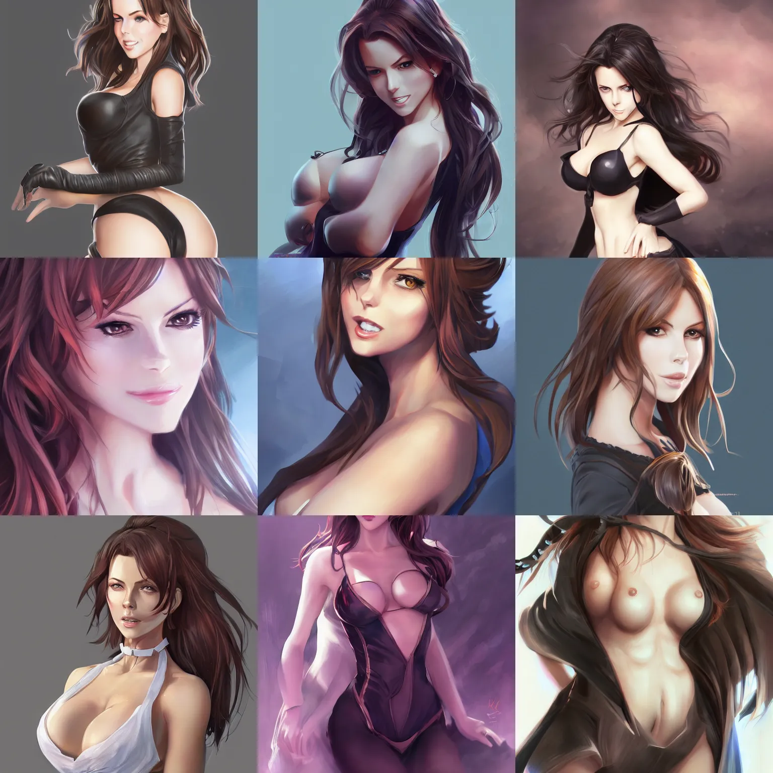 Prompt: Kate Beckinsale anime girl, hourglass slim figure, attractive features, seductive smile, highly detailed, details, digital painting, artstation, kyoani, concept art, sharp focus, illustration, art by mignom
