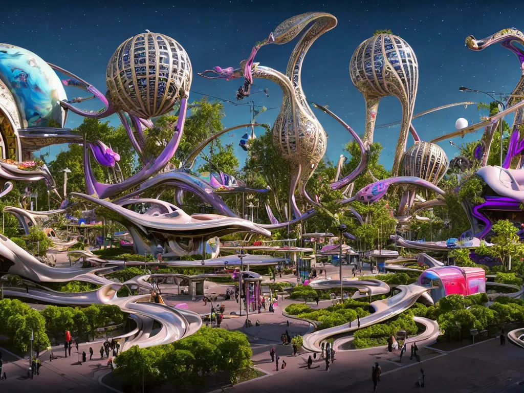 Image similar to a busy elaborate ornate outdoor science museum, cinematic, shadows, 4 k, detailed, by zaha hadid and lisa frank and peter jackson and ridley scott and beeple and greg rutowski