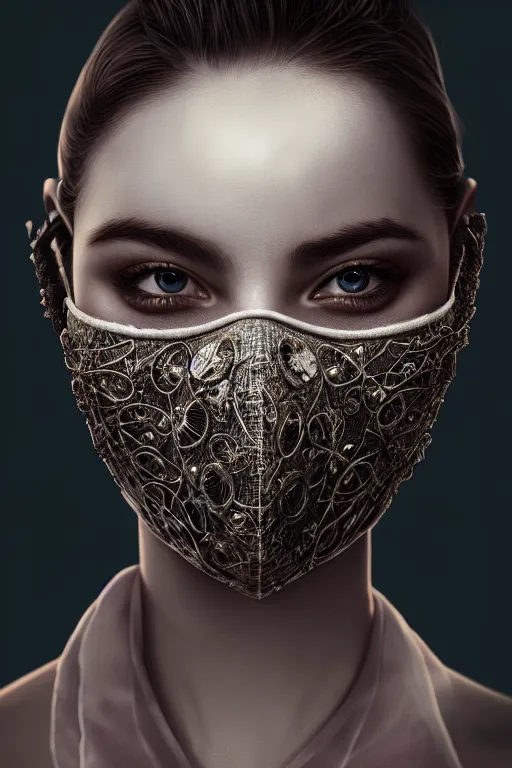 Prompt: a hyper detailed beautiful full face mask extremely detailed stitching, dark, beautifully lit, cinematography, 8 k post production, atmospheric background, ambient occlusion, global illumination by balenciaga, wlop, riyahd cassiem, art station trending, concept art