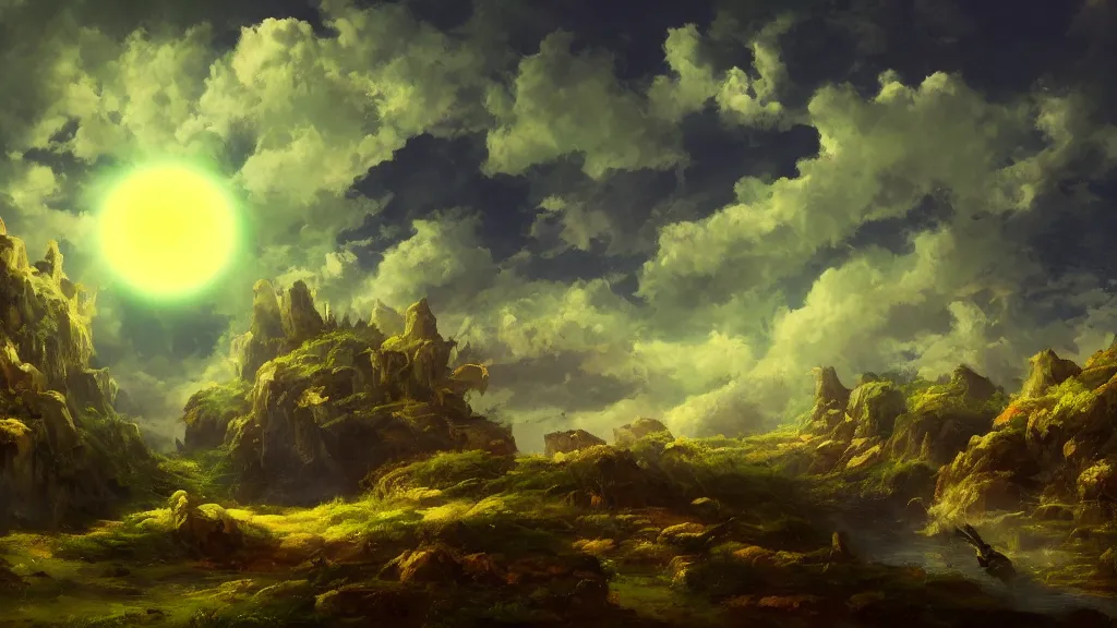 Prompt: fantasy landscape with clouds at night with a floating glowing eye