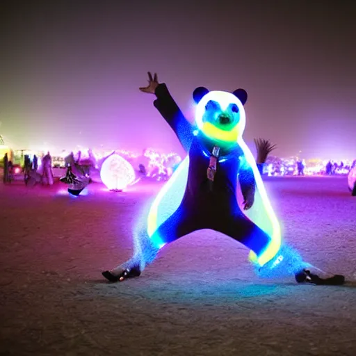 Image similar to a panda wearing led - lined clothing dancing at night on a busy playa at burning man