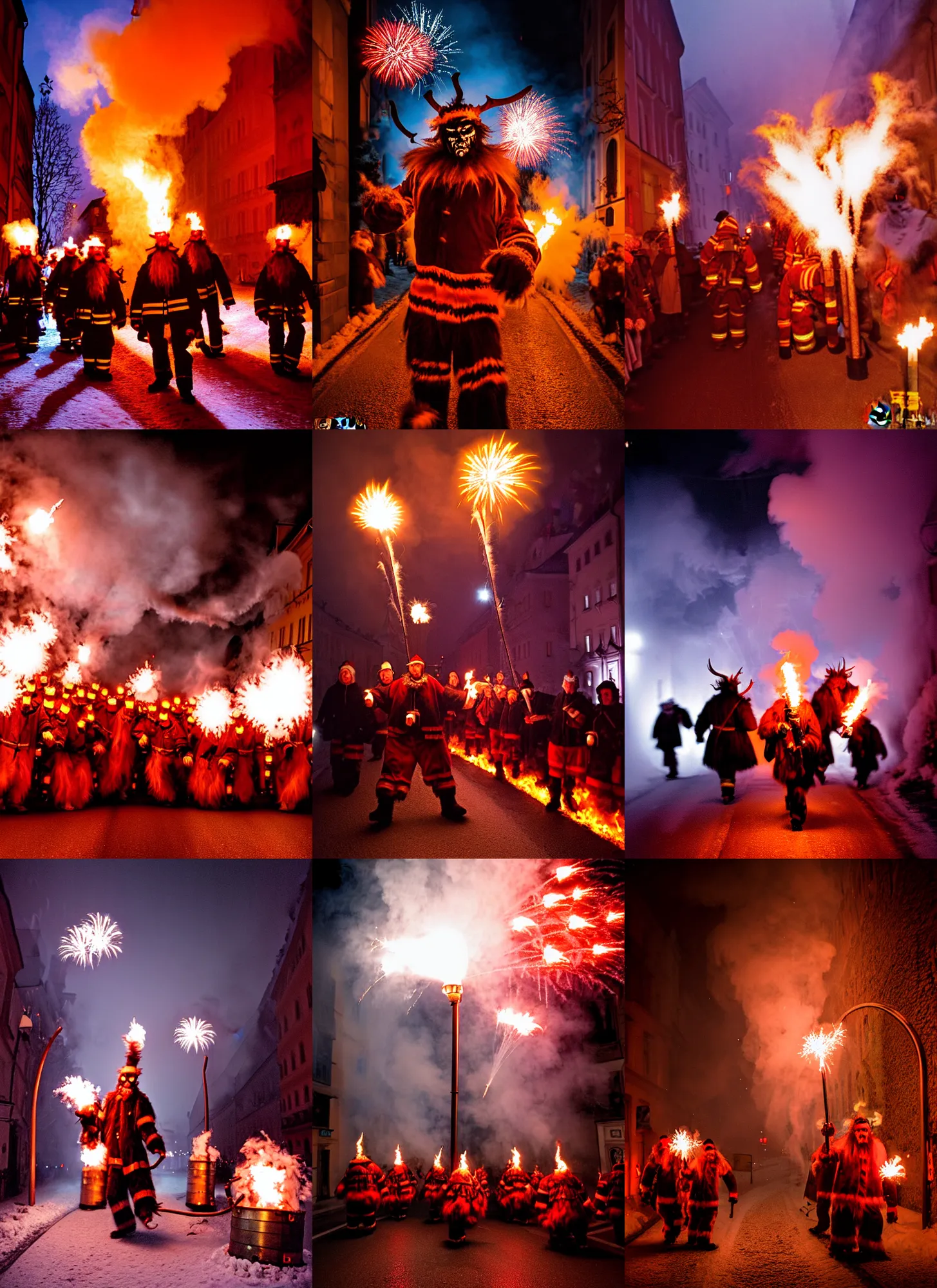 Prompt: kodak portra 4 0 0, winter, hellfire, award winning dynamic photograph of a bunch of hazardous krampus between fire barrels by robert capas, motion blur, in a narrow lane in salzburg at night with colourful pyro fireworks and torches