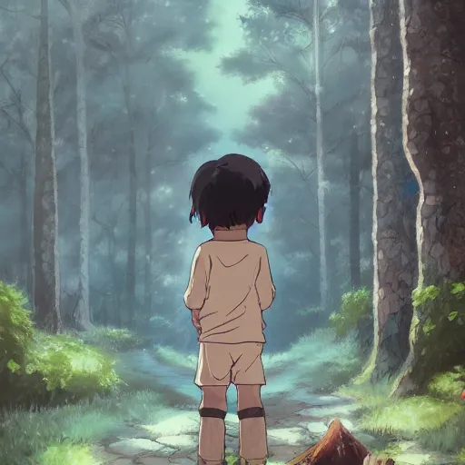 Image similar to a child with grey skin with blues and short brown hair, holding fire, forest background, highly detailed, digital painting, artstation, matte, by makoto shinkai, studio ghibli, animation style