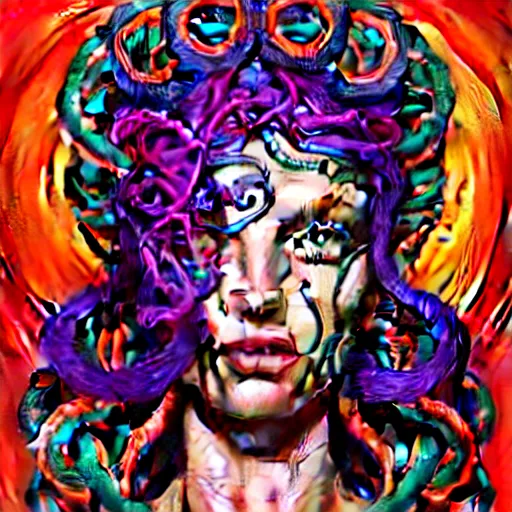 Image similar to an extremely psychedelic portrait of medusa, surreal, lsd, face, detailed, intricate, elegant, lithe, highly detailed, digital painting, artstation, concept art, smooth, sharp focus, illustration