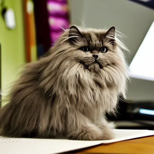 Prompt: a Persian cat sitting on the desk and coding seriously