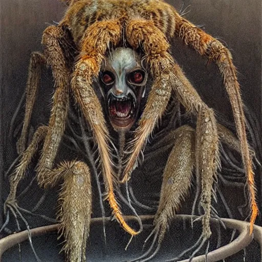 Prompt: tarantula morphed with hyena in sewer, long skinny legs and large fangs, sitting on web, highly detailed beksinski painting