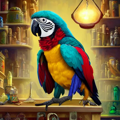 Prompt: Anthropomorphized parrot trader in his shop, shelves full, selling a gem, portrait, items, magic potions, carpet, window, fancy hat, sly expression , cunning expression, cute expression, presenting magic gem, D&D, fantasy, cinematic lighting, highly detailed, digital painting, artstation, concept art, smooth, sharp focus, illustration, warm light, cozy warm tint, magic the gathering artwork, volumetric lighting, 8k, no gold, no gold colours, art by Akihiko Yoshida, Greg Rutkowski