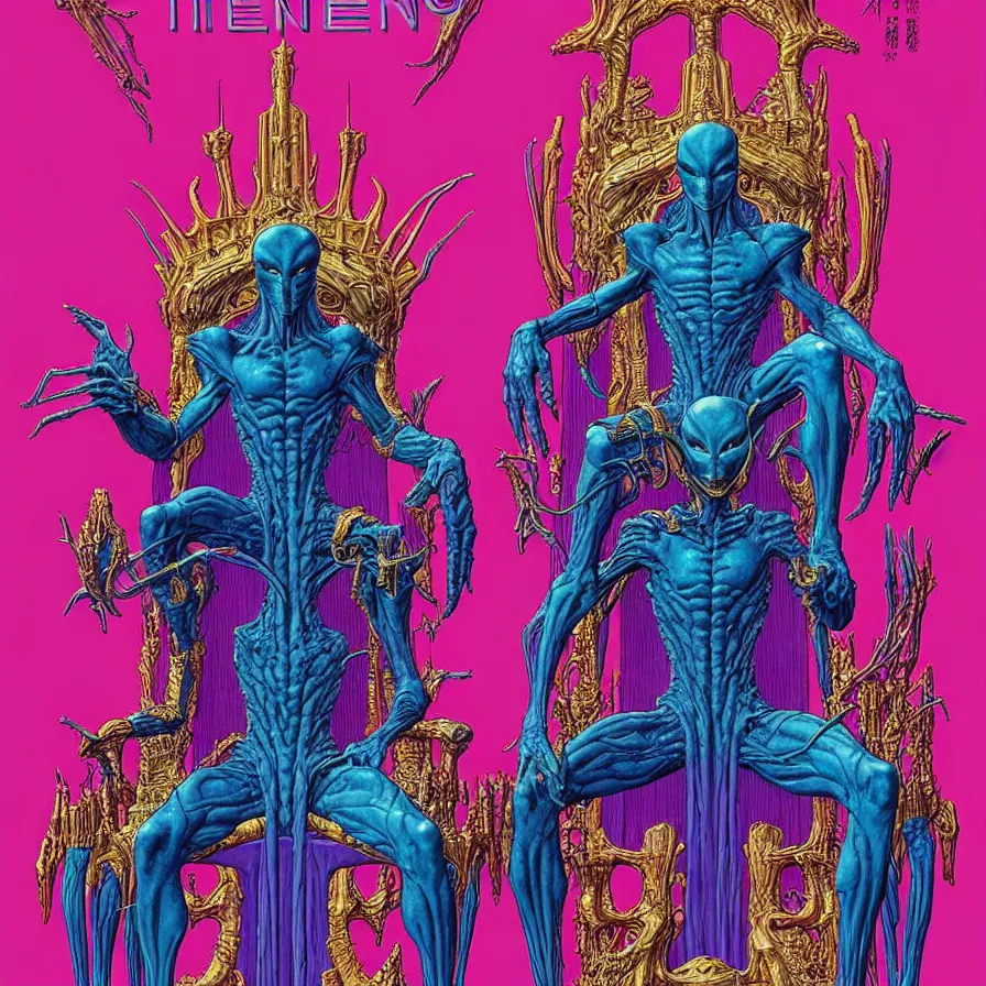 Image similar to ( ( ( ( an alien king sitting on a throne, decorative frame design ) ) ) ) by mœbius!!!!!!!!!!!!!!!!!!!!!!!!!!!, overdetailed art, colorful, artistic record jacket