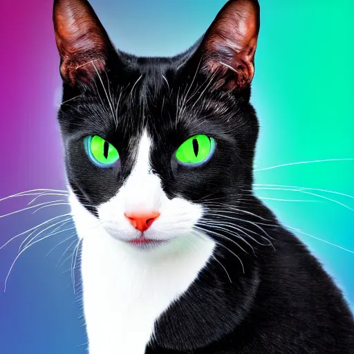 Image similar to a portrait of a beautiful black and white cat in space wearing a tuxedo with colorful bright green eyes, medium shot, hd, 8k, hyper-realism, detailed,