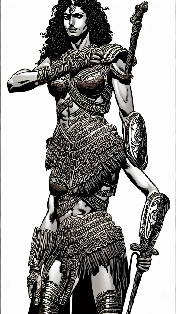 Image similar to greek amazon warrior, a tall beautiful woman with brown skin and long curly dark hair, dressed in hellenistic body armour, intricate, elegant, highly detailed, smooth, sharp focus, detailed face, high contrast, graphic novel, black and white, art by laurie greasley