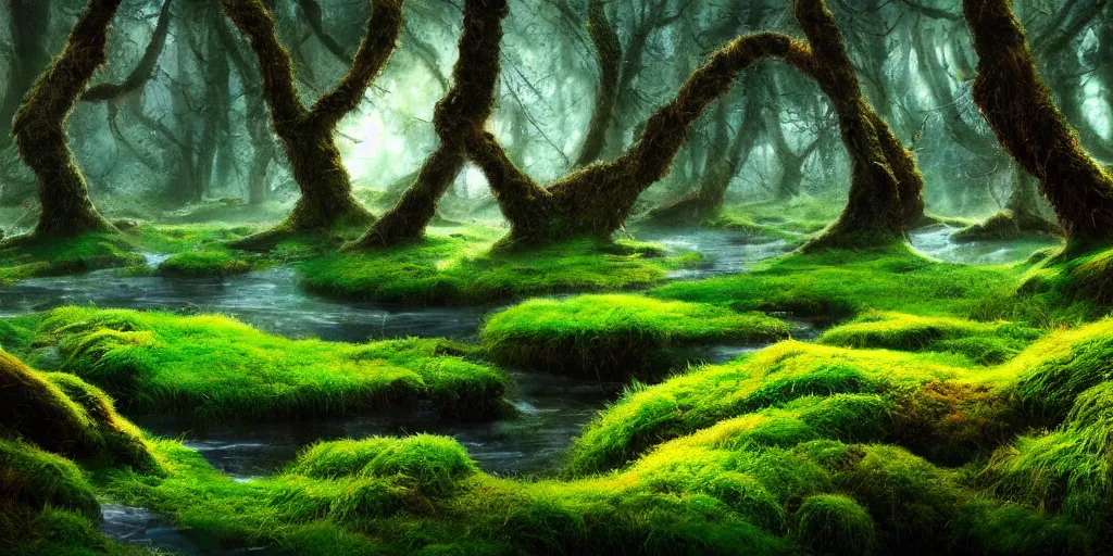 Image similar to gorgeous fields of moss landscape with glistening water, magical forest, brightly colored, magical, fantasy, landscape, beautiful, intricate details, highly detailed, sharp focus, concept art, digital painting, trending on artstation, still, screenshot, photo, photograph, in the style of Manuel Vormwald