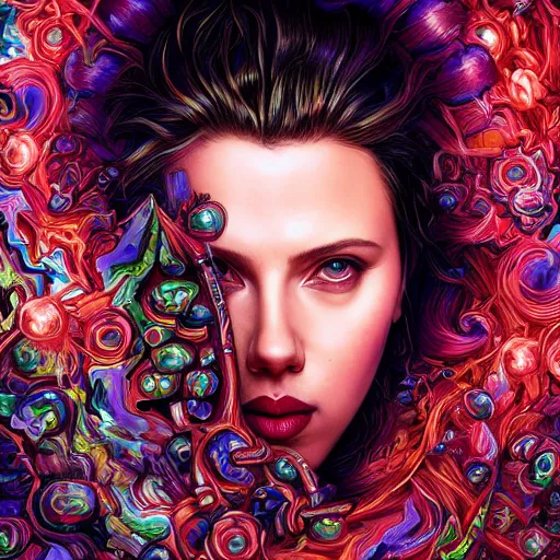 Image similar to portrait of scarlett johansson, hyper detailed masterpiece, neon floral pattern, jean giraud, digital art painting, darkwave goth aesthetic, psychedelic, artgerm, donato giancola and tom bagshaw