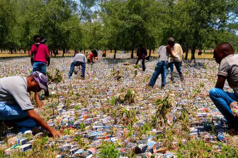 Image similar to sugondese people sorting a giant pile of compact discs within a tree nut field