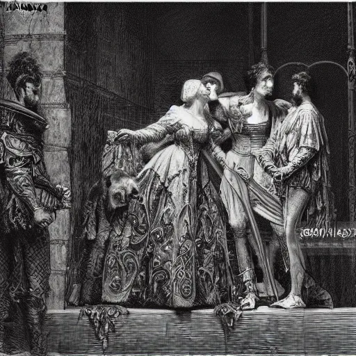 Image similar to a scene from romeo and juliet, high detail, illustration by gustave dore