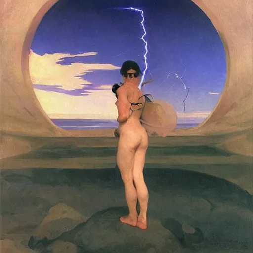 Prompt: dreamy landscape. science fiction. cinematic sci - fi scene. symmetry. accurate anatomy. science fiction theme with lightning. epic. art by john singer sargent - akira toriyama - joaquin sorolla - adolphe bouguereau