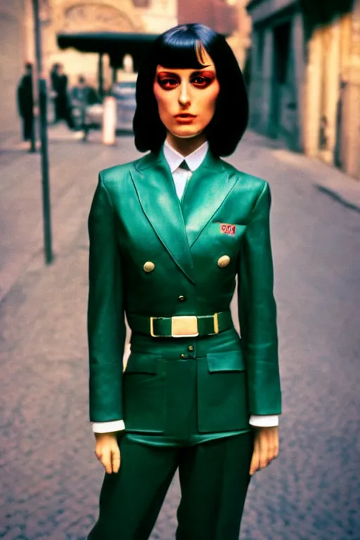 Prompt: ektachrome, 3 5 mm, highly detailed : incredibly realistic, demure, perfect features, tied back, beautiful three point perspective extreme closeup 3 / 4 portrait photo in style of chiaroscuro style 1 9 8 0's flight suit cosplay rome seinen manga street photography vogue italia fashion edition