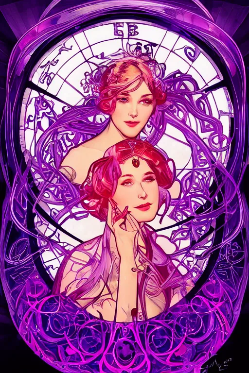 Image similar to she dreams of arcs of purple flame intertwined with glowing sparks, glinting particles of ice, dramatic lighting, steampunk, bright neon, secret holographic cyphers, red flowers, solar flares, high contrast, smooth, sharp focus, art nouveau, intricate art by artgerm and Alphonse Mucha