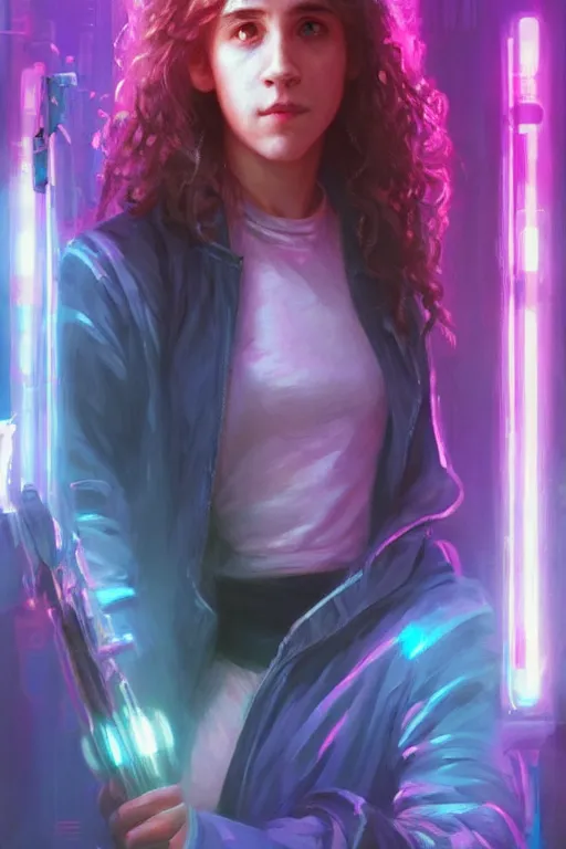 Image similar to portrait of Hermione Granger in cyberpunk, neon lighting, night city, digital art from artstation by Ruan Jia and Mandy Jurgens and Artgerm and william-adolphe bouguereau and Greg Rutkowski and Wayne Barlowe