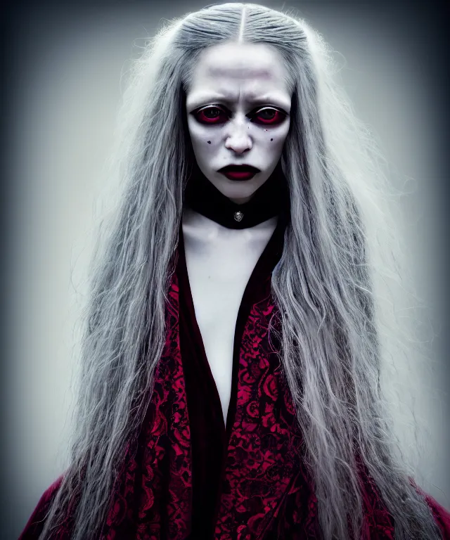 Prompt: surreal highly detailed photo portrait of young female vampire, long flowing silver hair, depressing hopeless horrific vibe, 150 mm lens, soft rim light, fine floral lace collar, crimson ornate robes, pronounced facial contouring, sly devious evil expression, Alexander McQueen, high fashion, haute couture, rococo, anatomical, elegant, hyper realistic, octane render, unreal engine, by Man Ray and Dora Maar, volumetric lighting, 8k, vibrant reflective metallic coloring