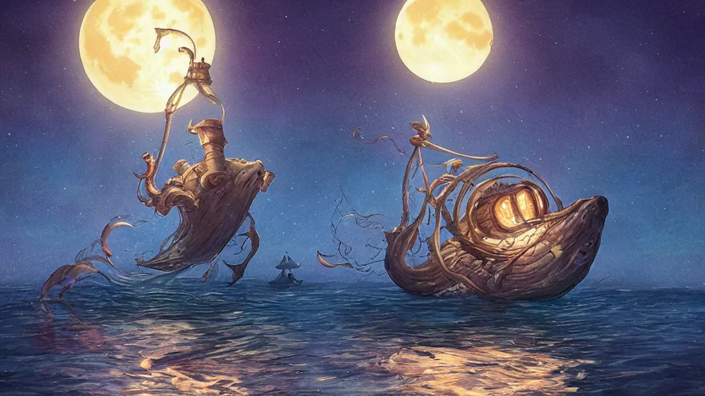 Prompt: a giant!!!! anglerfish!!!! breaking the surface of the water meets a lantern - holding!!!! sailor!!!! on a ( sloop ), ( background with large full moon and purple sky ), in the styles of tom coletti, jorge jacinto, and thomas veyrat intricate, accurate details