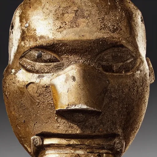 Image similar to an extremely ancient ironman bust that is tarnished and covered in sediment from uncovered earth expedition, rare photograph, smithsonian,