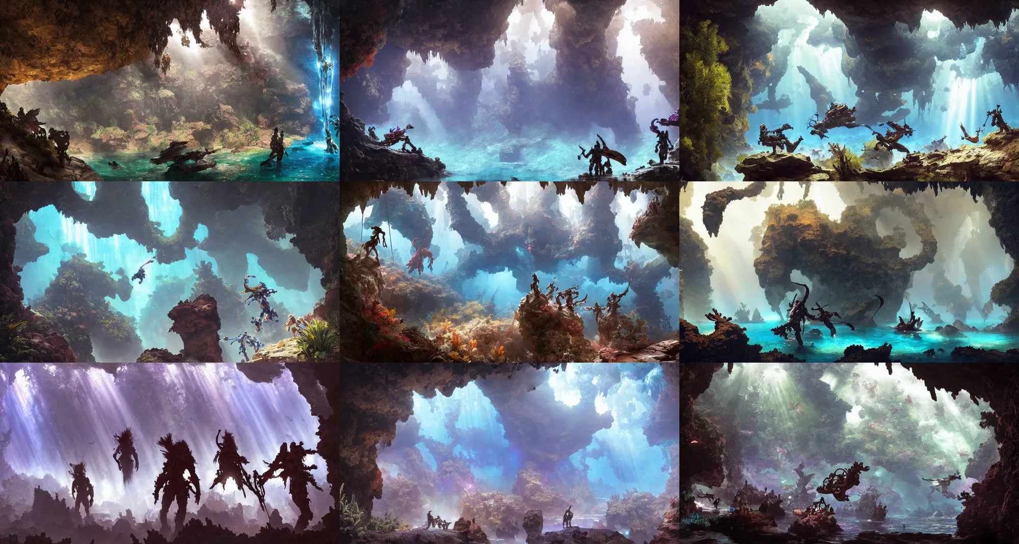 Prompt: cave divers exploring an underwater cave system made of rainbow crystal in horizon zero dawn 2, god rays, d & d, fantasy, intricate, elegant, highly detailed, digital painting, artstation, concept art, matte, sharp focus, illustration, hearthstone, art by bouguereau and greg rutkowski and ruan jia and conrad roset and bierstadt.