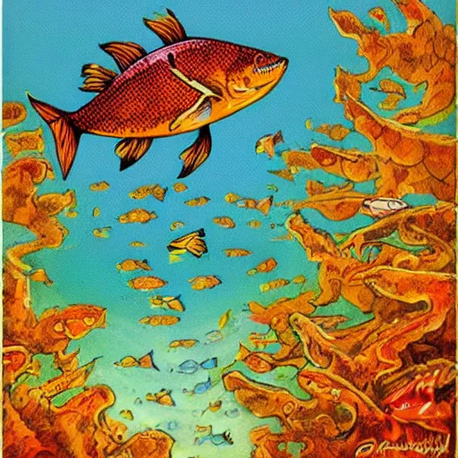 Image similar to a guffy looking fish jumping out of a beautiful lake with a funny day, in the style of Patrick woodroffe