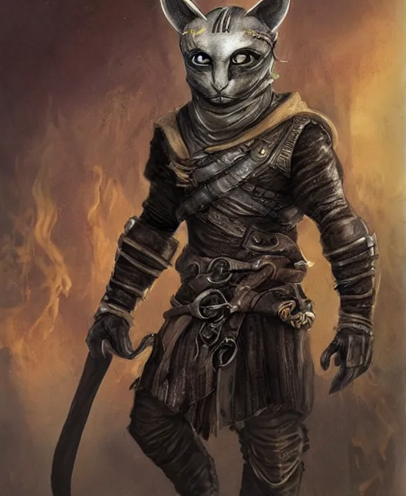 Prompt: humanoid male khajiit rogue, wearing leather armor, magic the gathering, fantasy