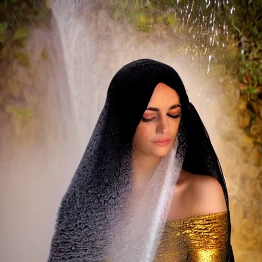 Prompt: beautiful Arab woman, white transparent veil black hair, bathing in a waterfall, ethereal, emotive, fine art, water mist, mystical, Romanticism, golden light